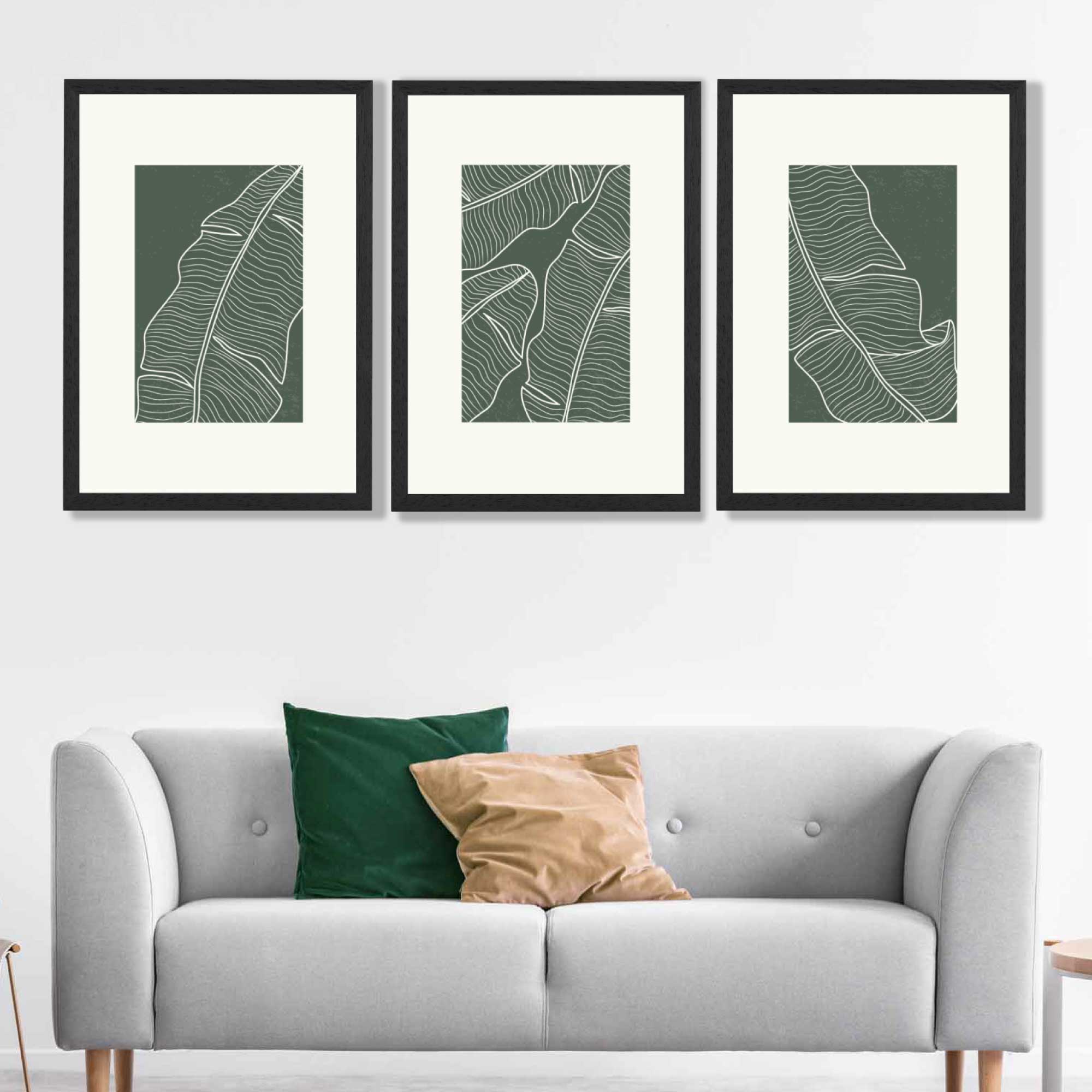 Set of 3 Minimal Green and Cream Botanical Leaves Art Prints in Black Frames | Artze UK