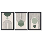 Set of 3 Boho Green and Beige Sketch Rainbows Framed Art Prints with Black Wooden Frames