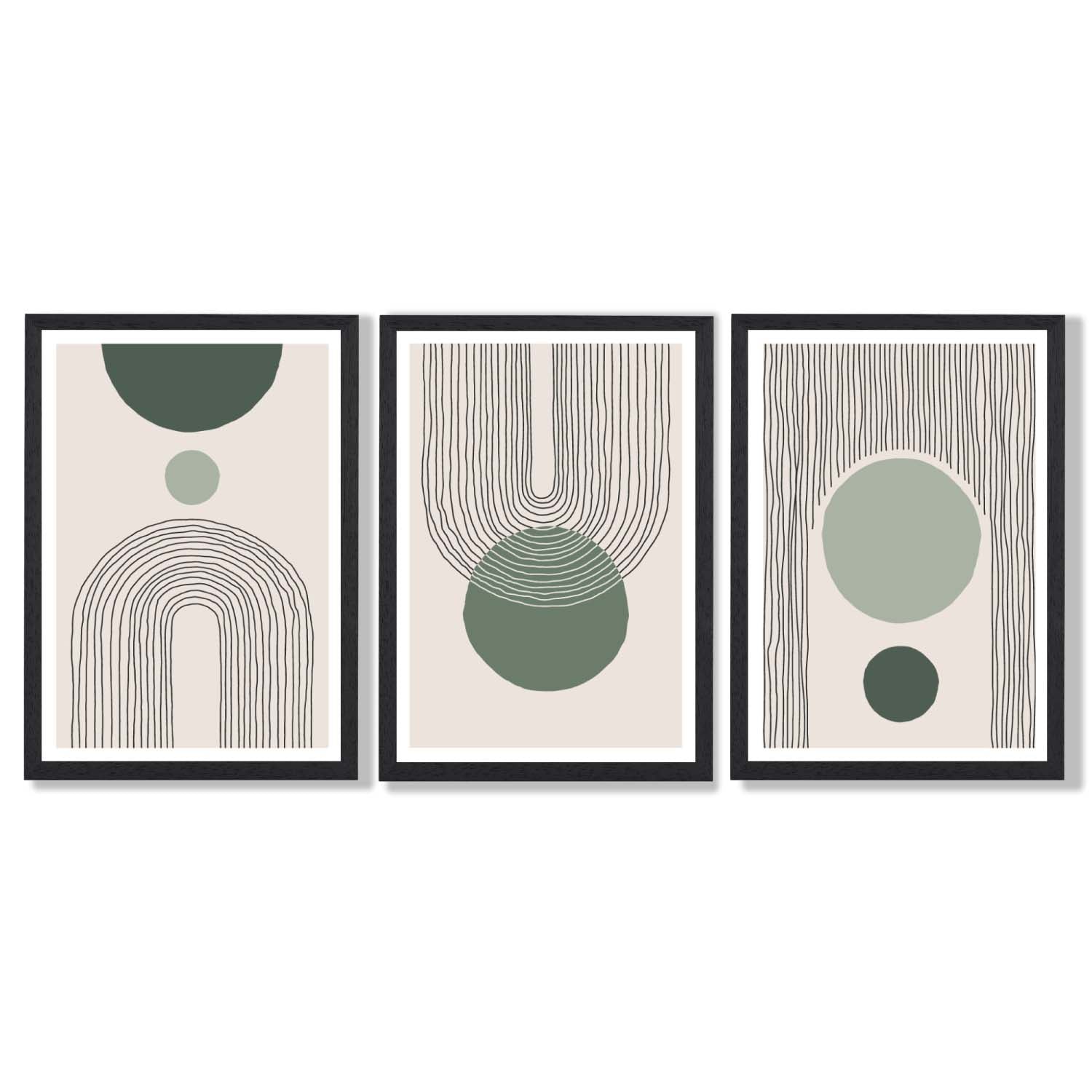 Set of 3 Boho Green and Beige Sketch Rainbows Framed Art Prints with Black Wooden Frames