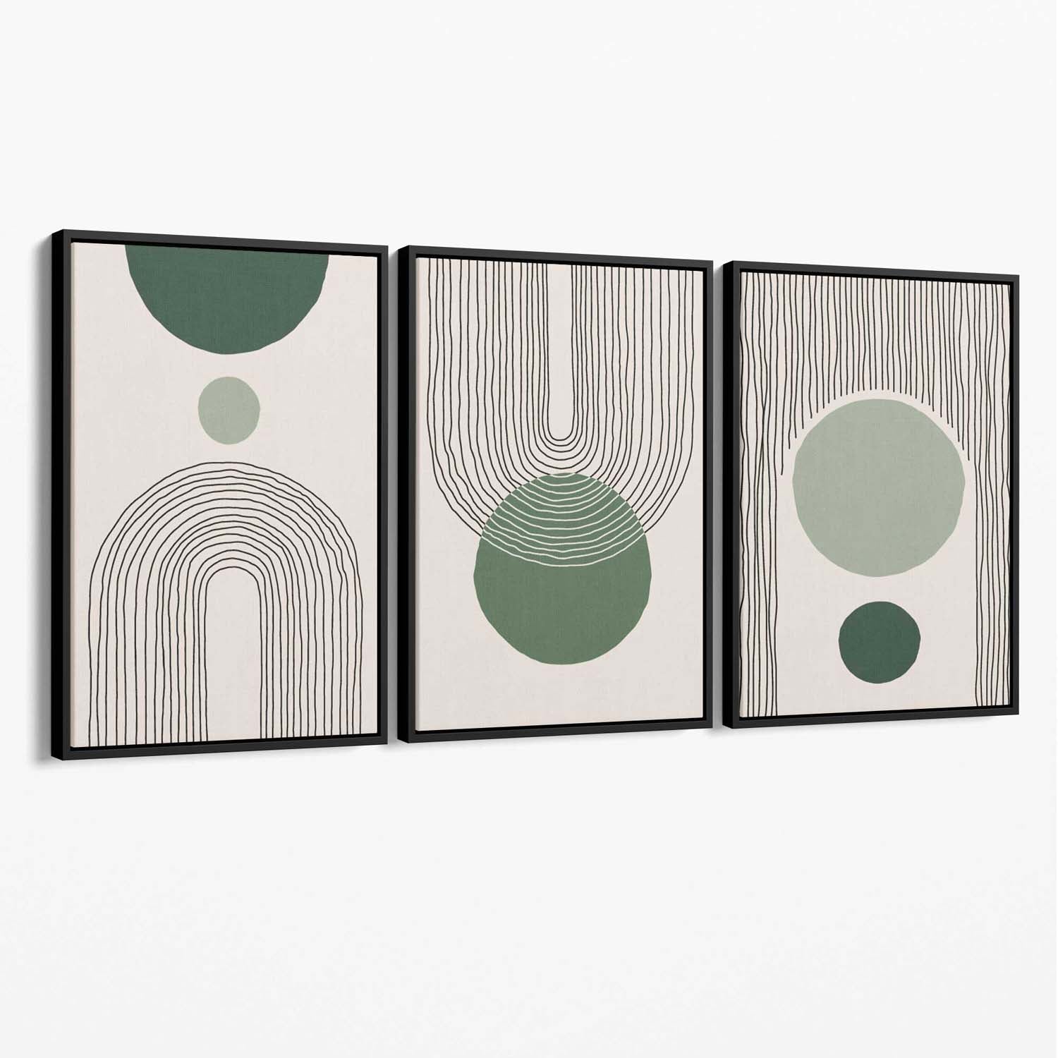 Set of 3 Boho Green and Beige Sketch Rainbows Canvas Art Prints with Black Float Frame