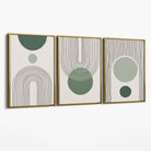 Set of 3 Boho Green and Beige Sketch Rainbows Canvas Art Prints with Gold Float Frame