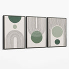 Set of 3 Boho Green and Beige Sketch Rainbows Canvas Art Prints with Grey Float Frame