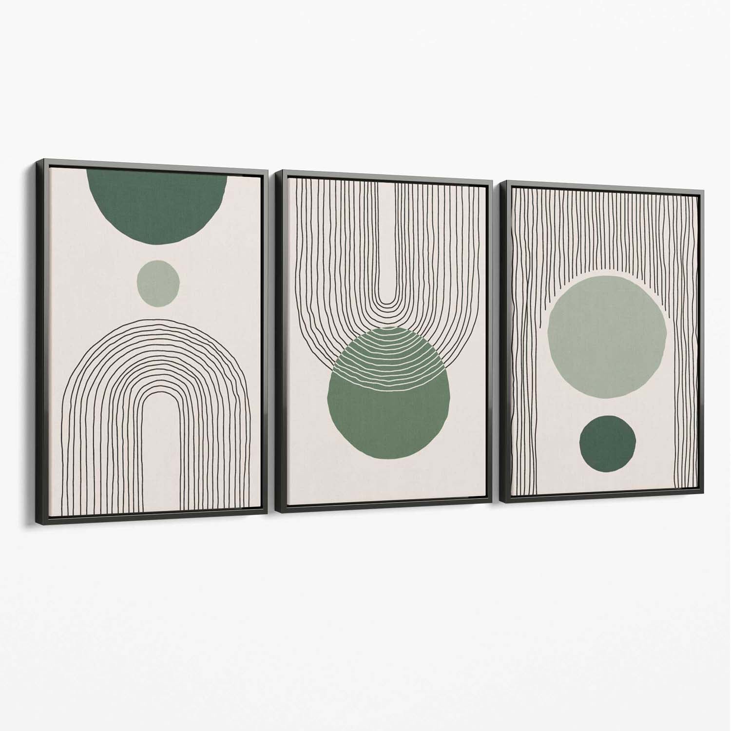 Set of 3 Boho Green and Beige Sketch Rainbows Canvas Art Prints with Grey Float Frame