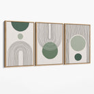 Set of 3 Boho Green and Beige Sketch Rainbows Canvas Art Prints with Oak Float Frame