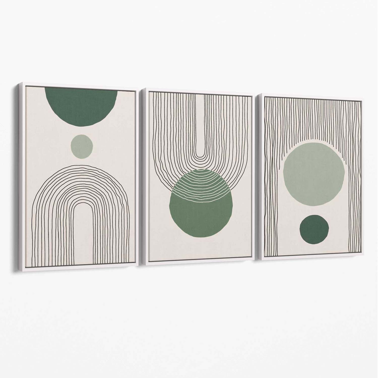 Set of 3 Boho Green and Beige Sketch Rainbows Canvas Art Prints with White Float Frame