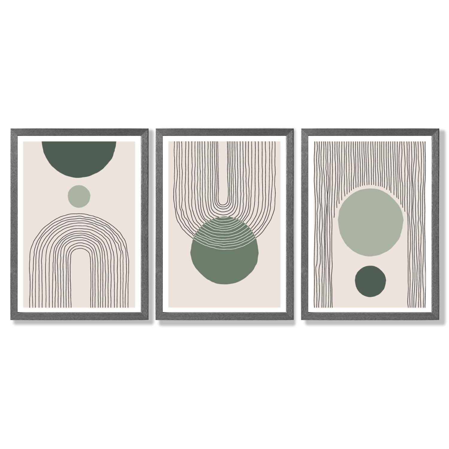 Set of 3 Boho Green and Beige Sketch Rainbows Framed Art Prints with Dark Grey Wooden Frames