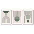 Set of 3 Boho Green and Beige Sketch Rainbows Framed Art Prints with Dark Wood Frames