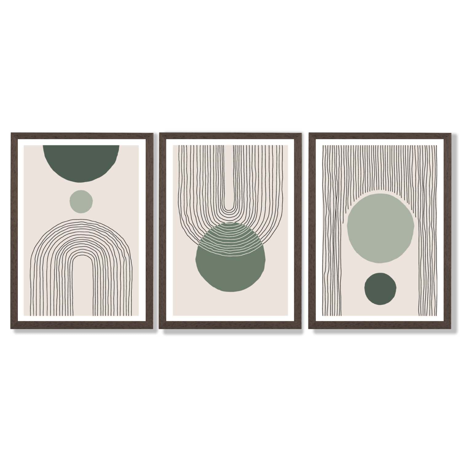 Set of 3 Boho Green and Beige Sketch Rainbows Framed Art Prints with Dark Wood Frames