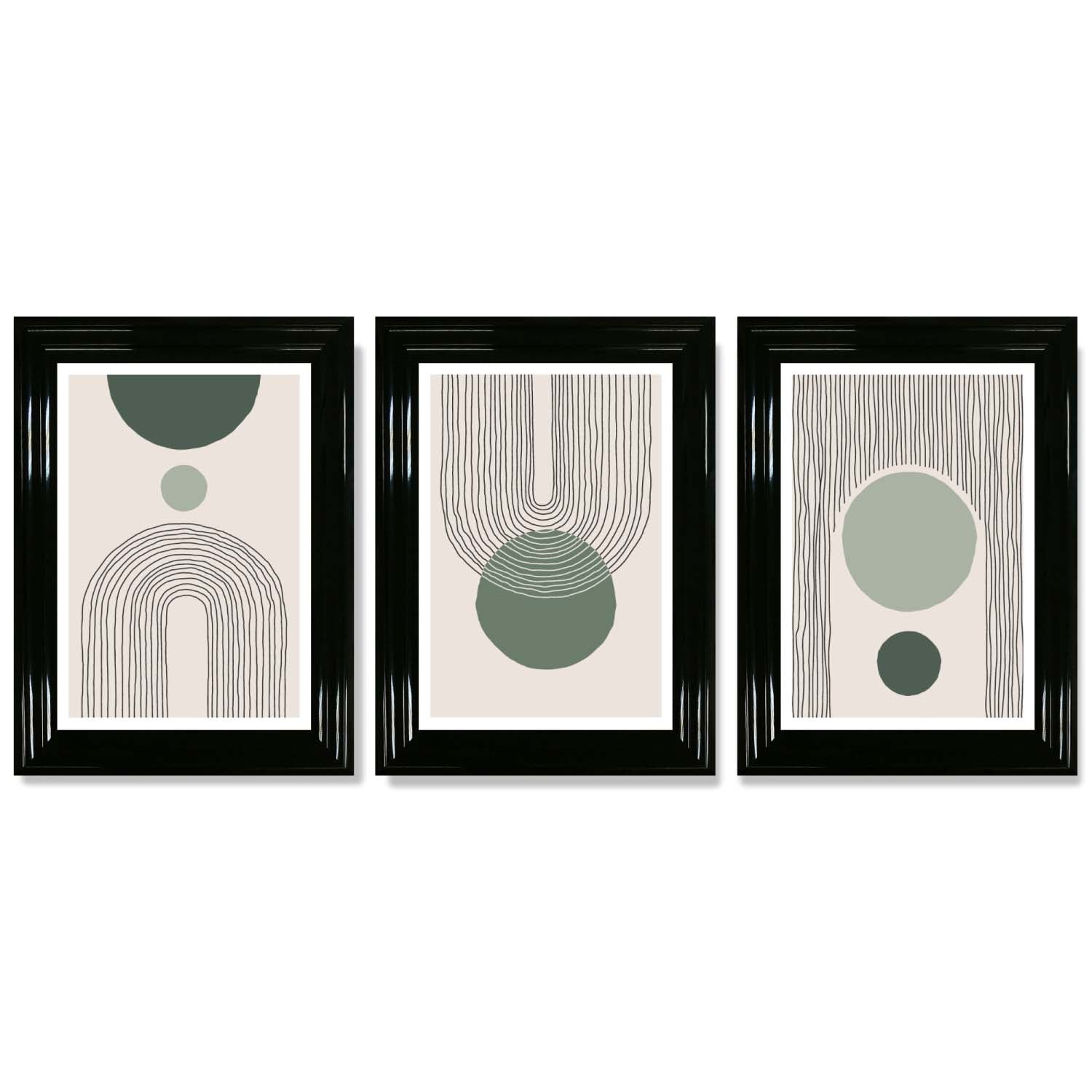 Set of 3 Boho Green and Beige Sketch Rainbows Framed Art Prints with Glossy Black Frames