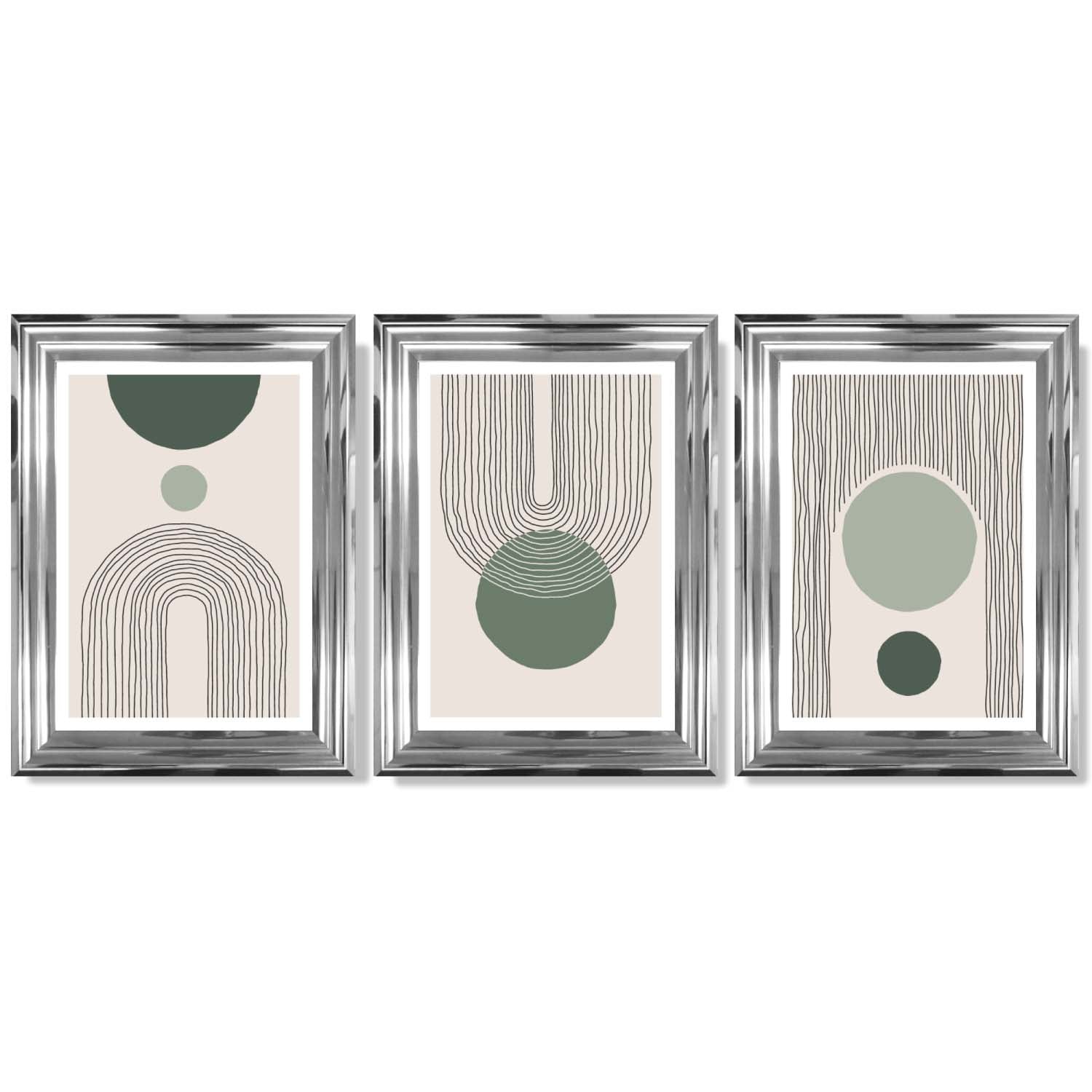 Set of 3 Boho Green and Beige Sketch Rainbows Framed Art Prints with Glossy Chrome Frames