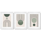 Set of 3 Boho Green and Beige Sketch Rainbows Framed Art Prints with Glossy White Frames