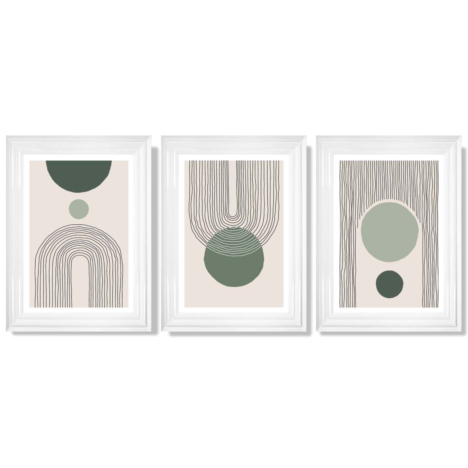 Set of 3 Boho Green and Beige Sketch Rainbows Framed Art Prints with Glossy White Frames