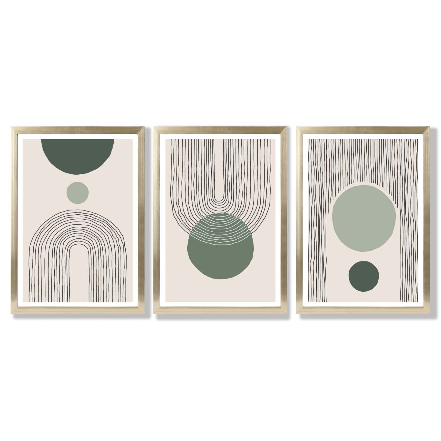 Set of 3 Boho Green and Beige Sketch Rainbows Framed Art Prints with Gold Wood Frames