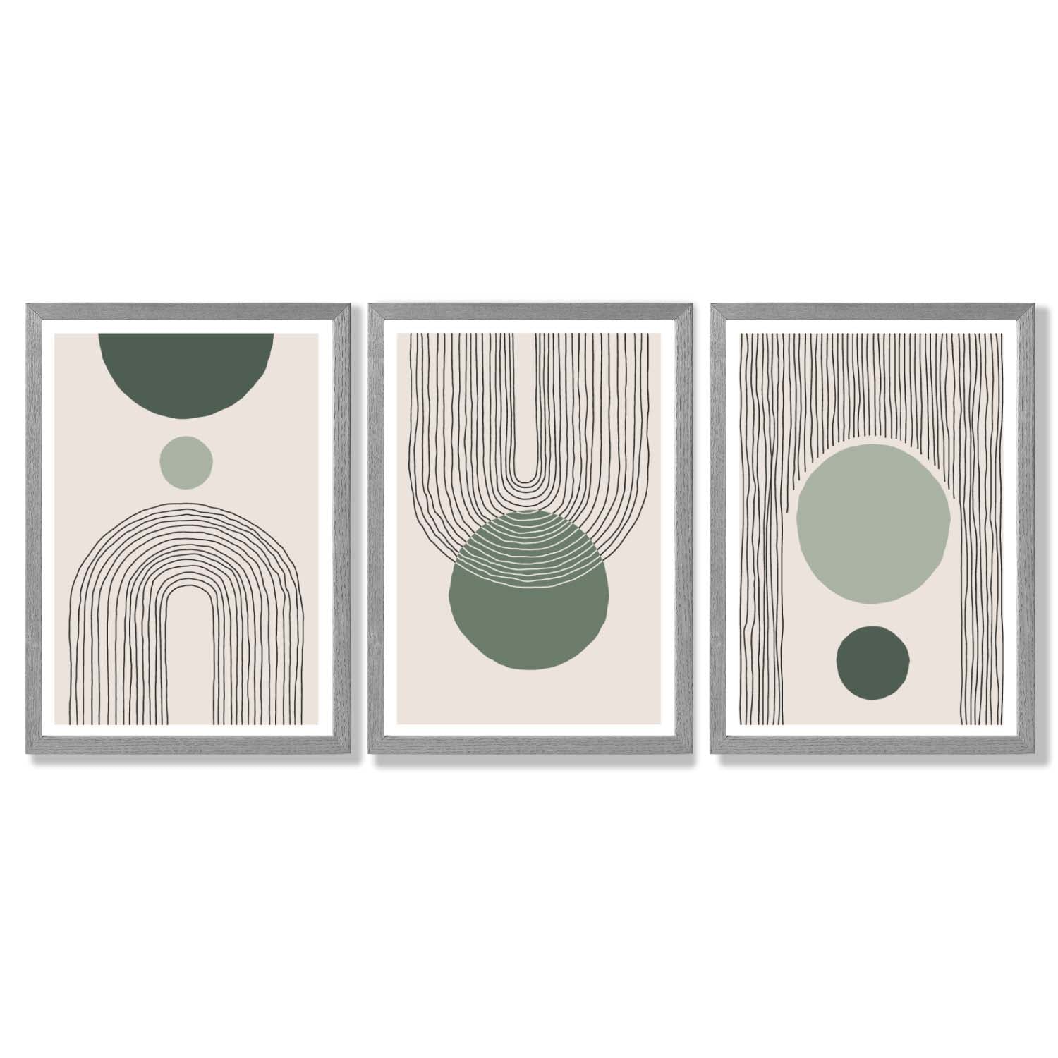 Set of 3 Boho Green and Beige Sketch Rainbows Framed Art Prints with Light Grey Wooden Frames