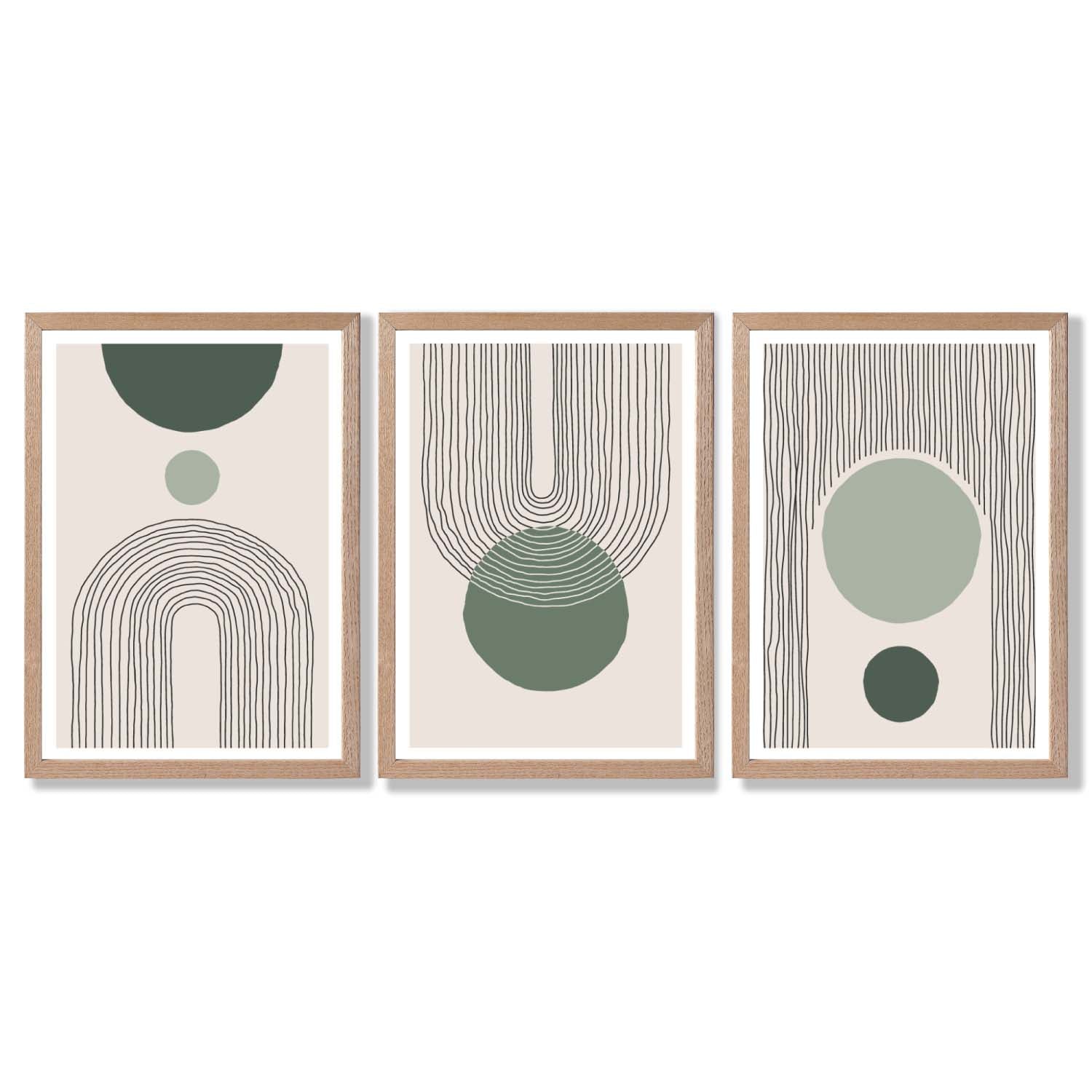 Set of 3 Boho Green and Beige Sketch Rainbows Framed Art Prints with Light Oak Frames