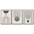 Set of 3 Boho Green and Beige Sketch Rainbows Framed Art Prints with Light Walnut Frames