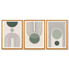 Set of 3 Boho Green and Beige Sketch Rainbows Framed Art Prints with Oak Wooden Frames