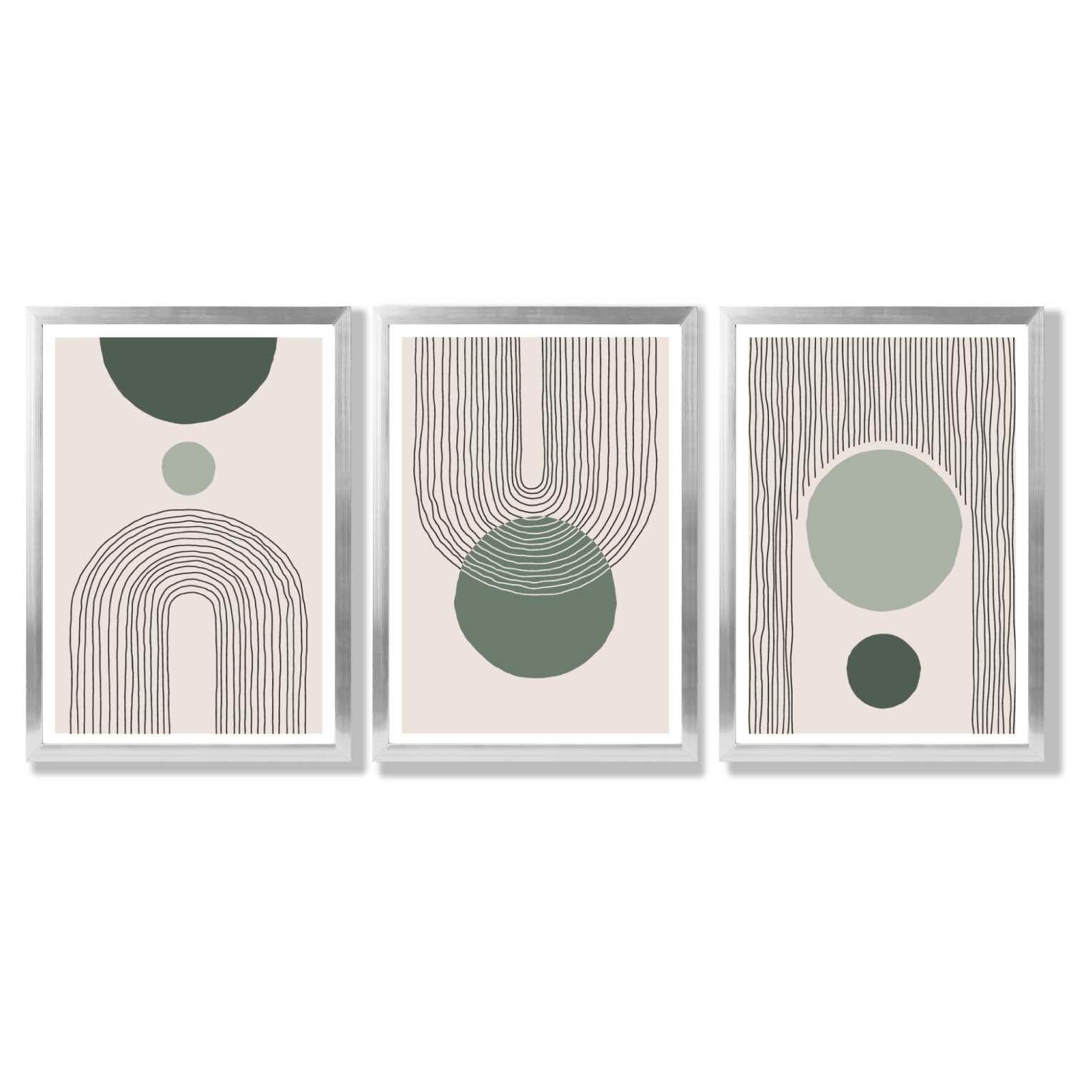 Set of 3 Boho Green and Beige Sketch Rainbows Framed Art Prints with Silver Wood Frames