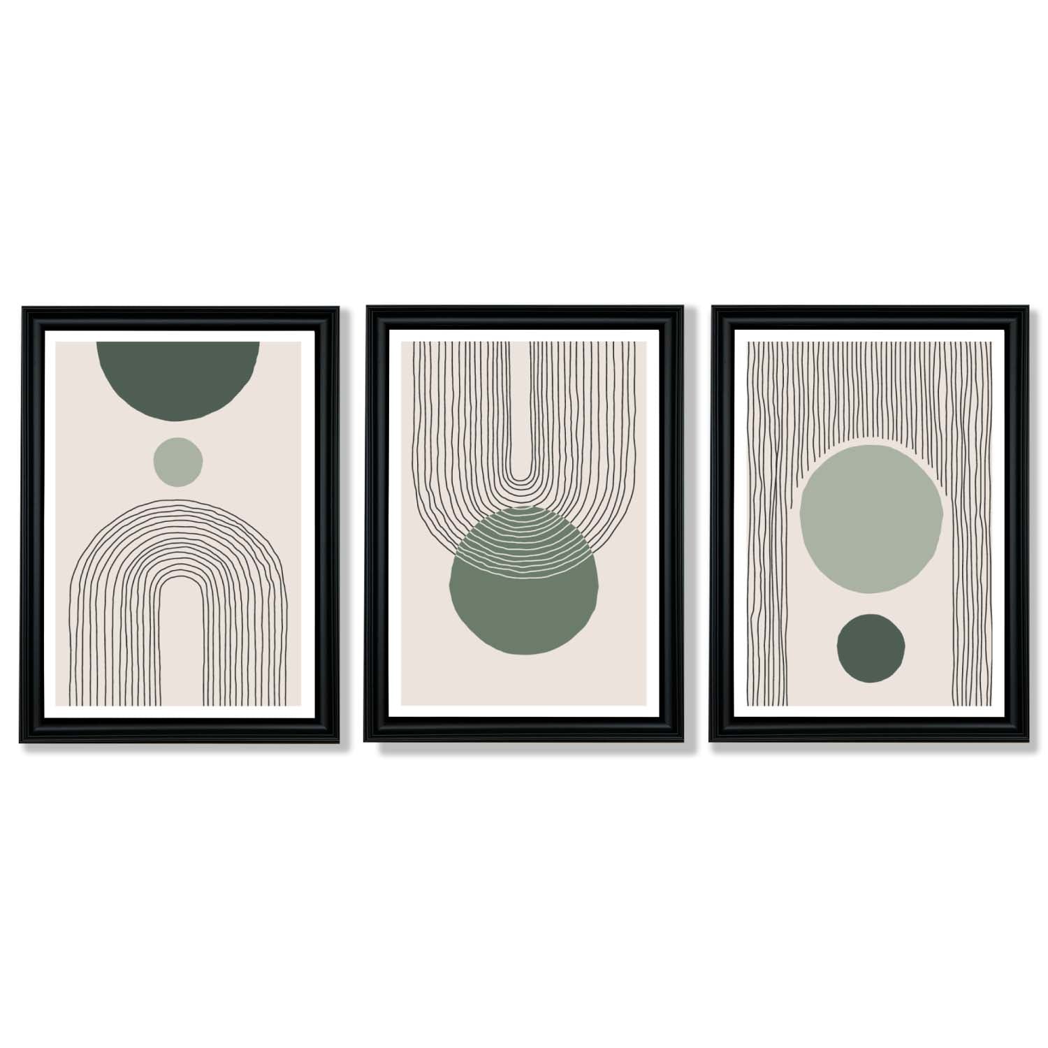 Set of 3 Boho Green and Beige Sketch Rainbows Framed Art Prints with Vermeer Black Frames