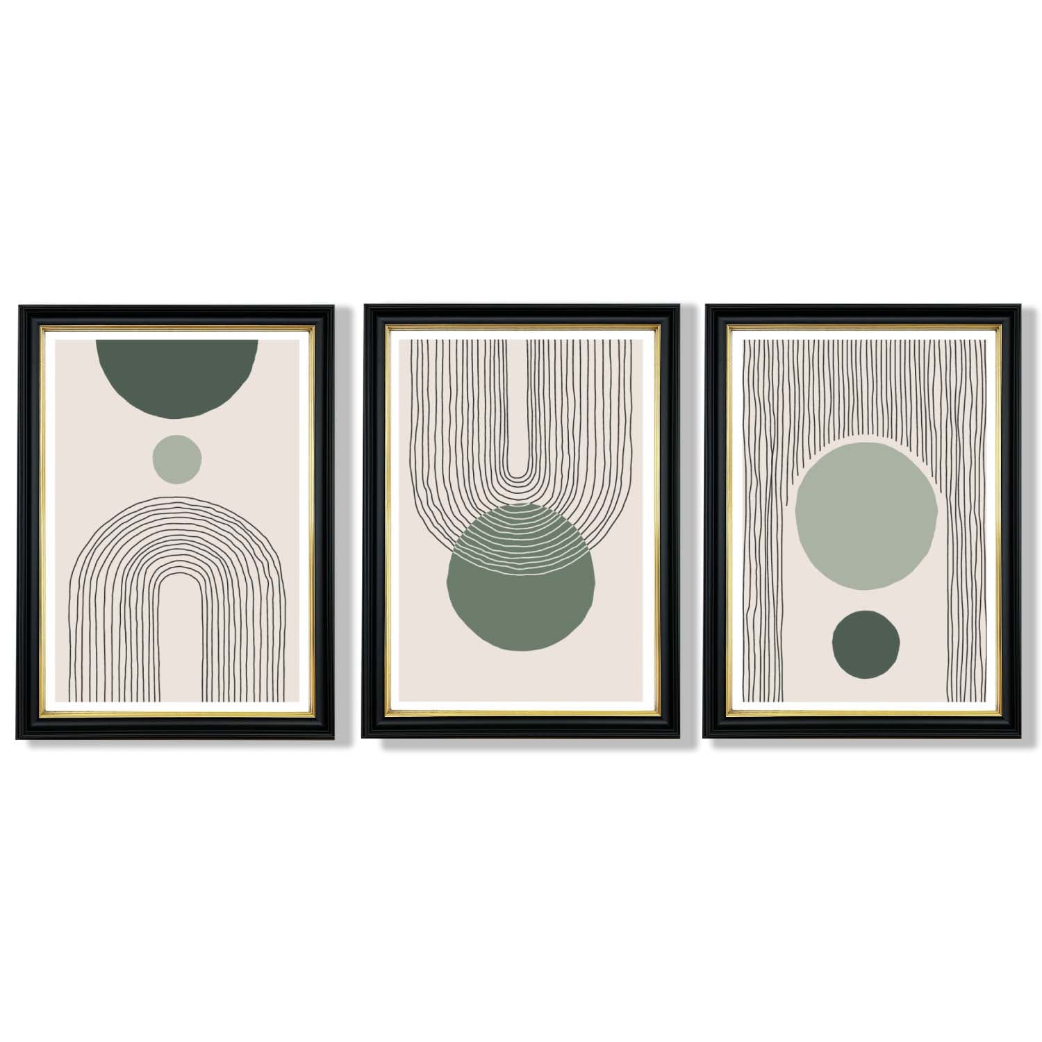 Set of 3 Boho Green and Beige Sketch Rainbows Framed Art Prints with Vermeer Black and Gold Frames