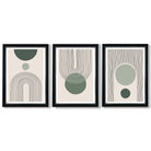 Set of 3 Boho Green and Beige Sketch Rainbows Framed Art Prints with Vermeer Black and Silver Frames