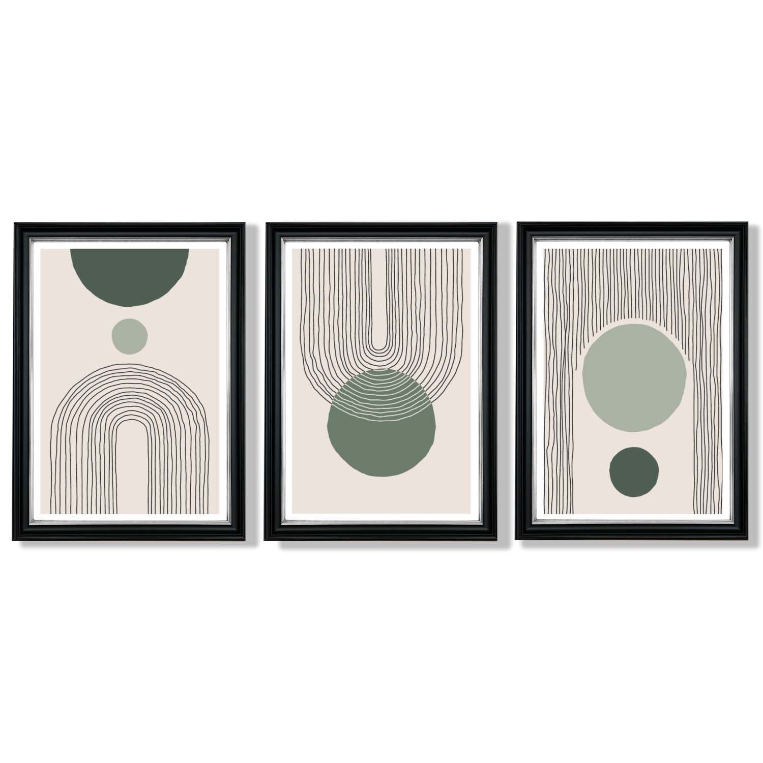 Set of 3 Boho Green and Beige Sketch Rainbows Framed Art Prints with Vermeer Black and Silver Frames