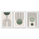 Set of 3 Boho Green and Beige Sketch Rainbows Framed Art Prints with White Wooden Frames