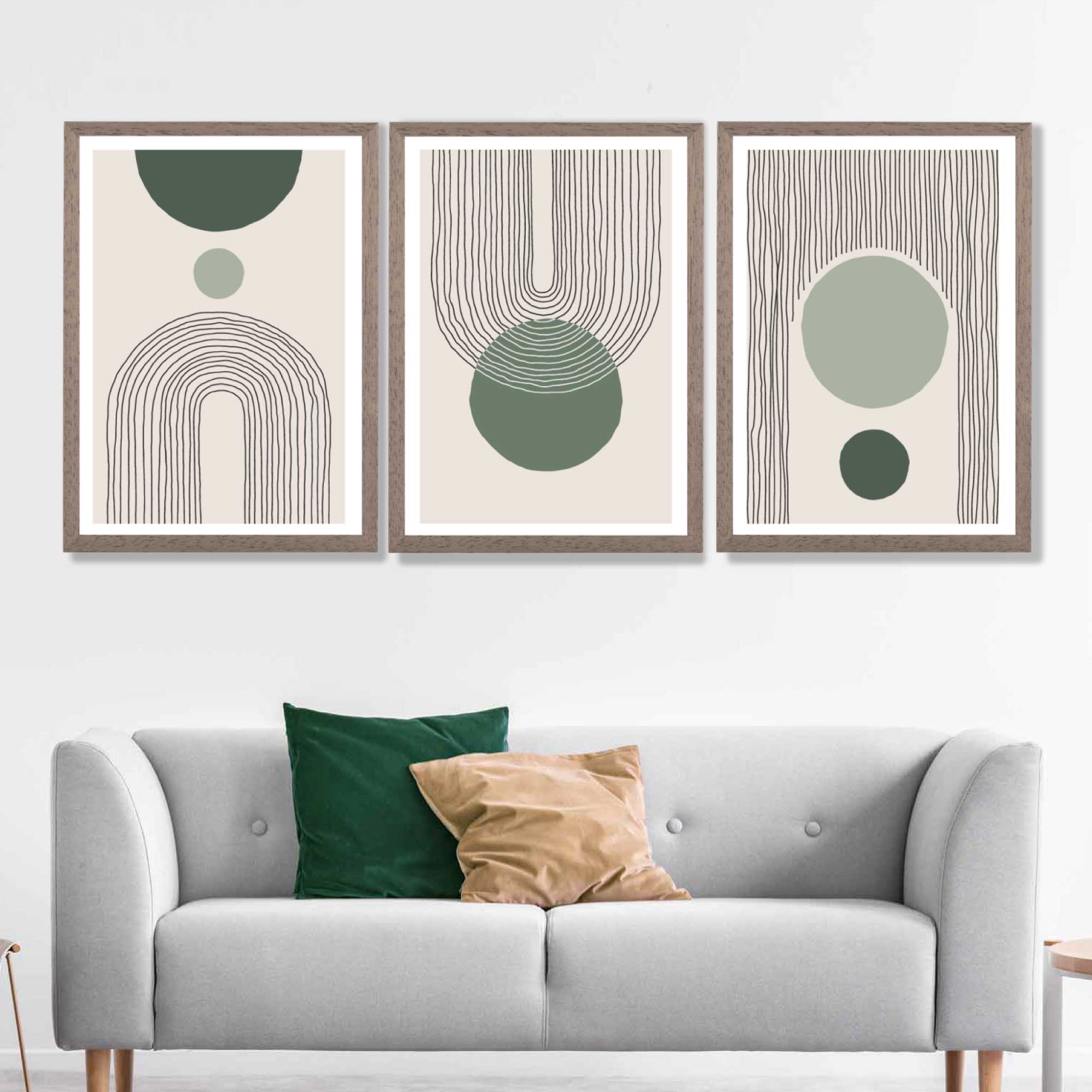 Set of 3 Boho Green and Beige Sketch Rainbows Art Prints in Luxury Frames | Artze UK