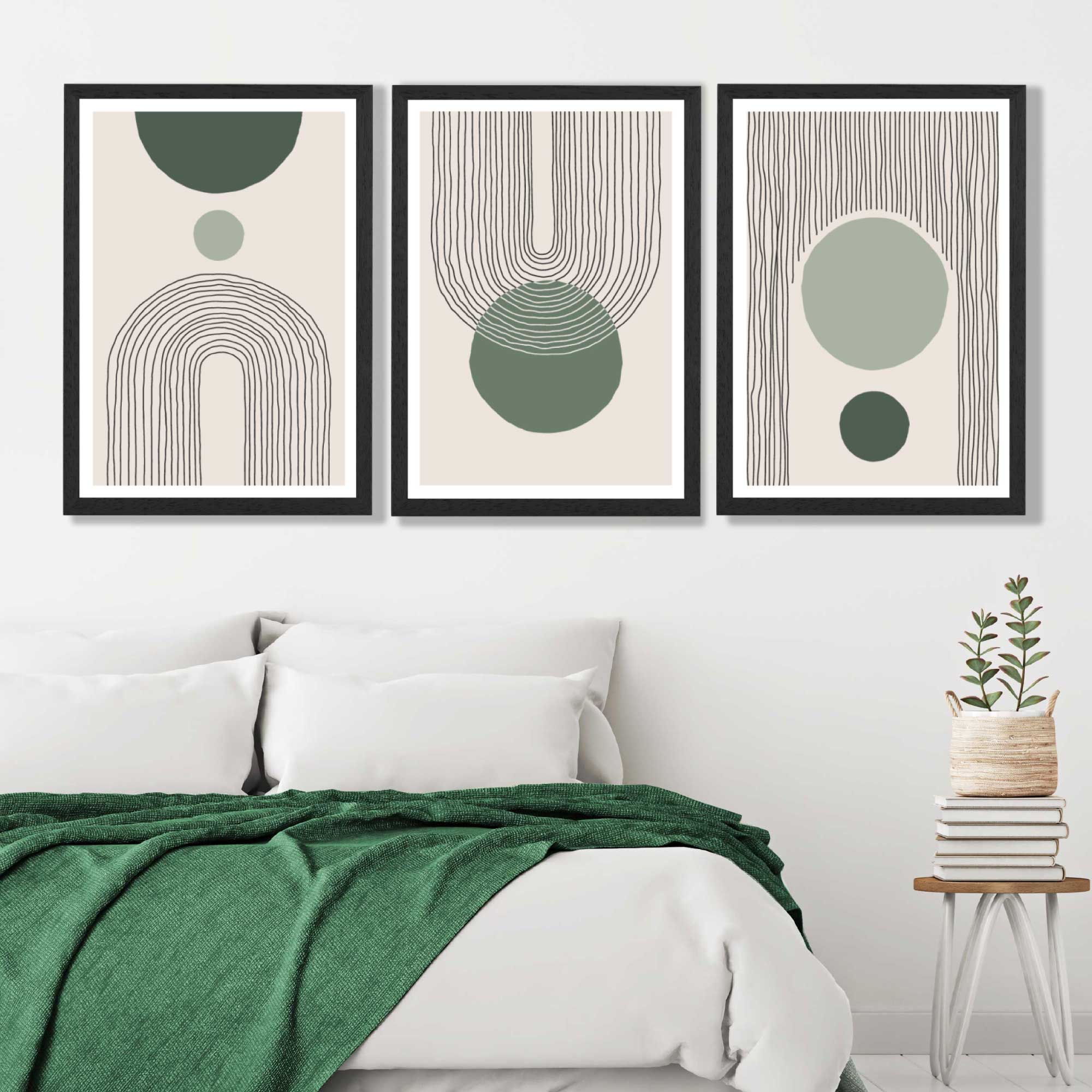 Set of 3 Boho Green and Beige Sketch Rainbows Art Prints in Black Frames | Artze UK