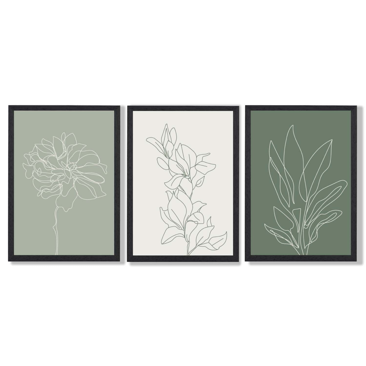 Set of 3 Sketch Flowers in Green Tones Framed Art Prints with Black Wooden Frames