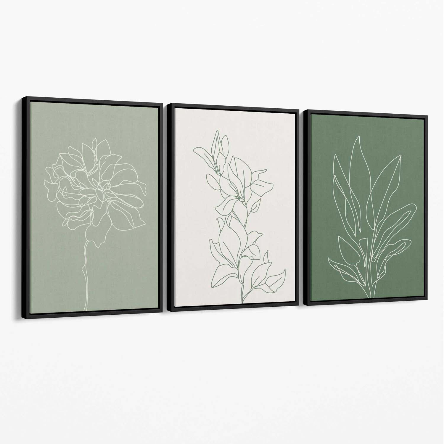 Set of 3 Sketch Flowers in Green Tones Canvas Art Prints with Black Float Frame