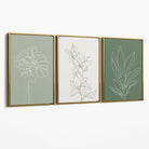 Set of 3 Sketch Flowers in Green Tones Canvas Art Prints with Gold Float Frame