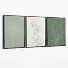 Set of 3 Sketch Flowers in Green Tones Canvas Art Prints with Grey Float Frame