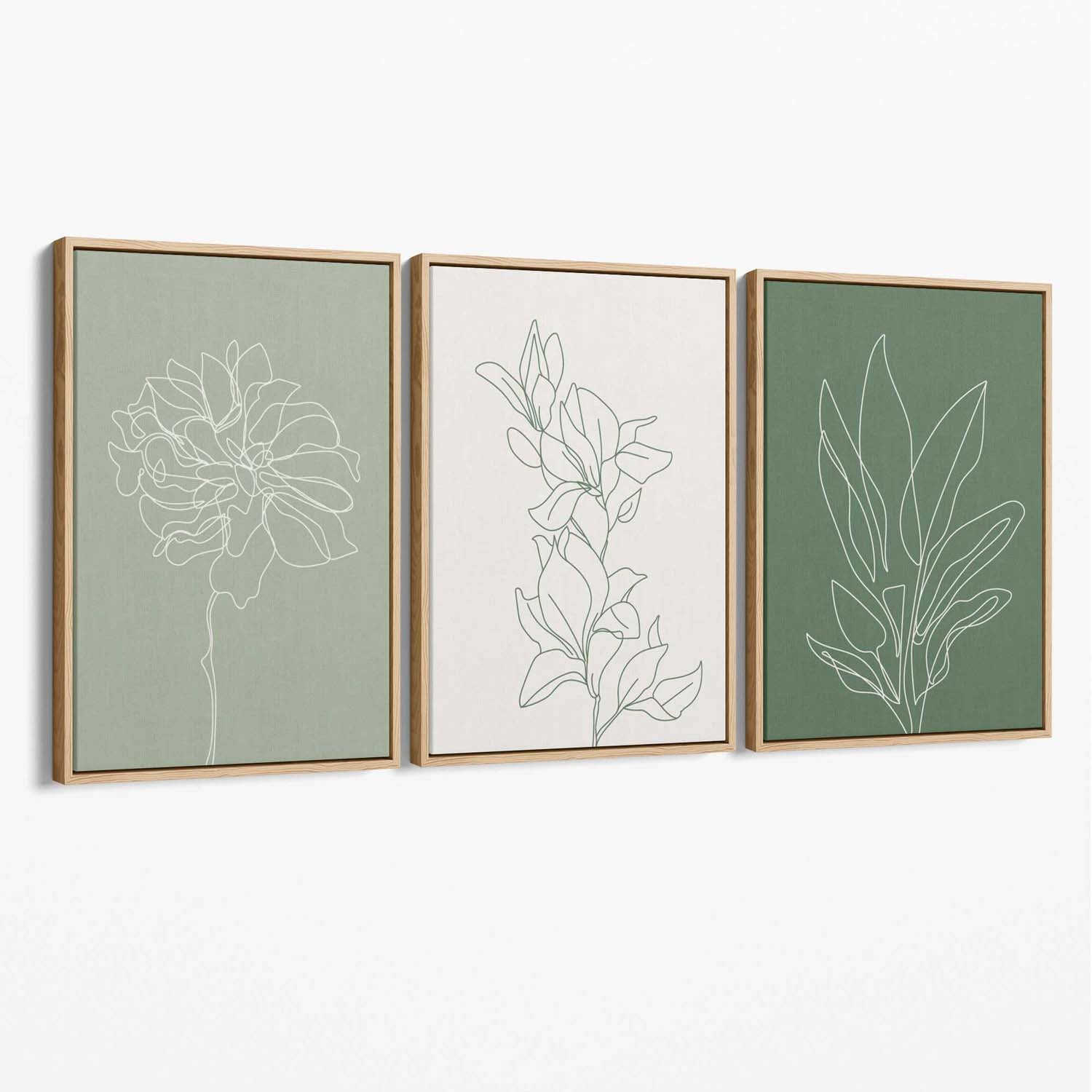 Set of 3 Sketch Flowers in Green Tones Canvas Art Prints with Oak Float Frame