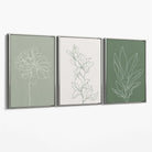 Set of 3 Sketch Flowers in Green Tones Canvas Art Prints with Silver Float Frame