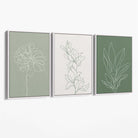 Set of 3 Sketch Flowers in Green Tones Canvas Art Prints with White Float Frame