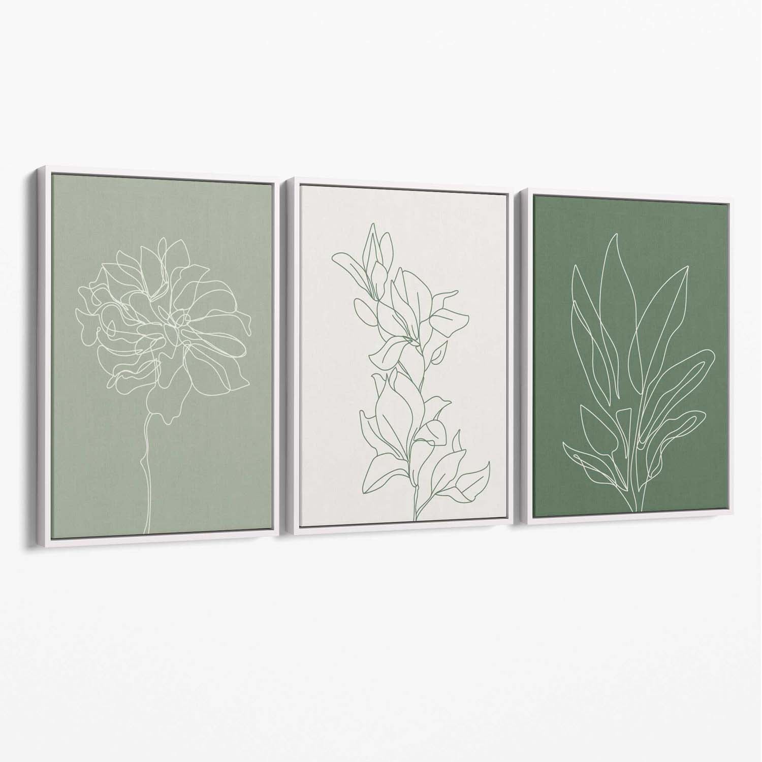 Set of 3 Sketch Flowers in Green Tones Canvas Art Prints with White Float Frame