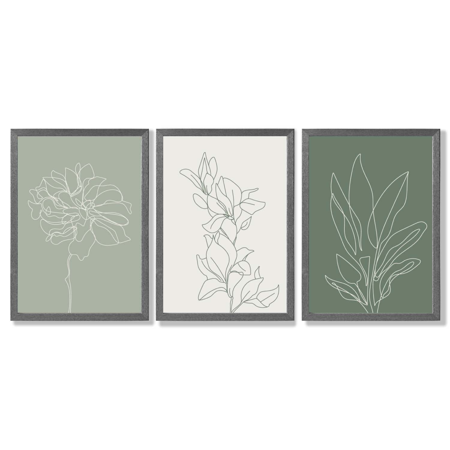 Set of 3 Sketch Flowers in Green Tones Framed Art Prints with Dark Grey Wooden Frames