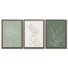 Set of 3 Sketch Flowers in Green Tones Framed Art Prints with Dark Wood Frames