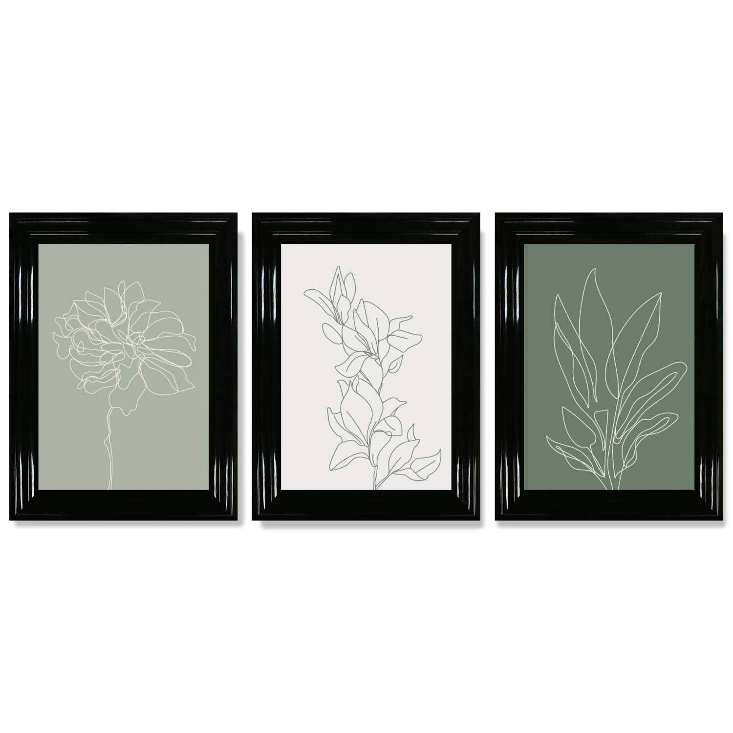 Set of 3 Sketch Flowers in Green Tones Framed Art Prints with Glossy Black Frames