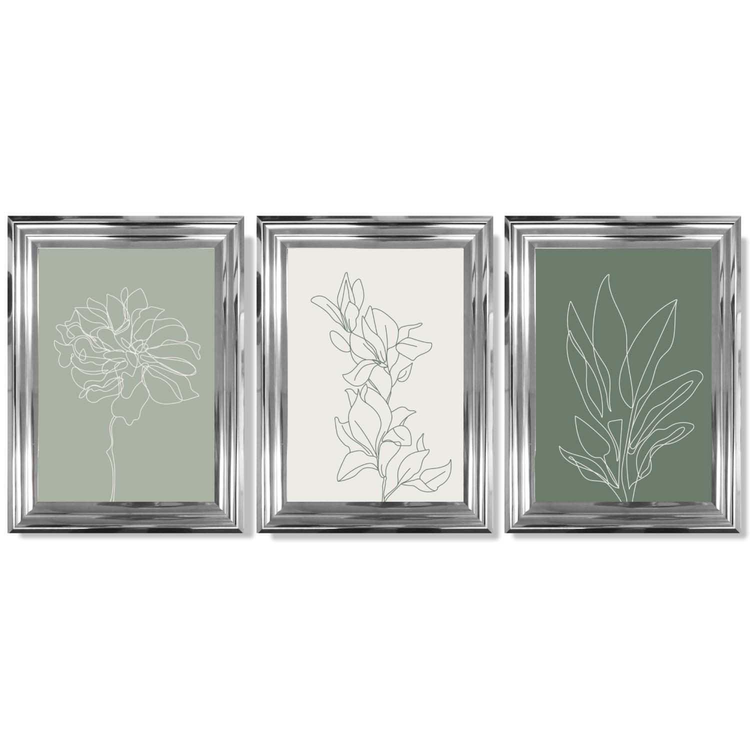 Set of 3 Sketch Flowers in Green Tones Framed Art Prints with Glossy Chrome Frames