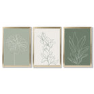 Set of 3 Sketch Flowers in Green Tones Framed Art Prints with Gold Wood Frames