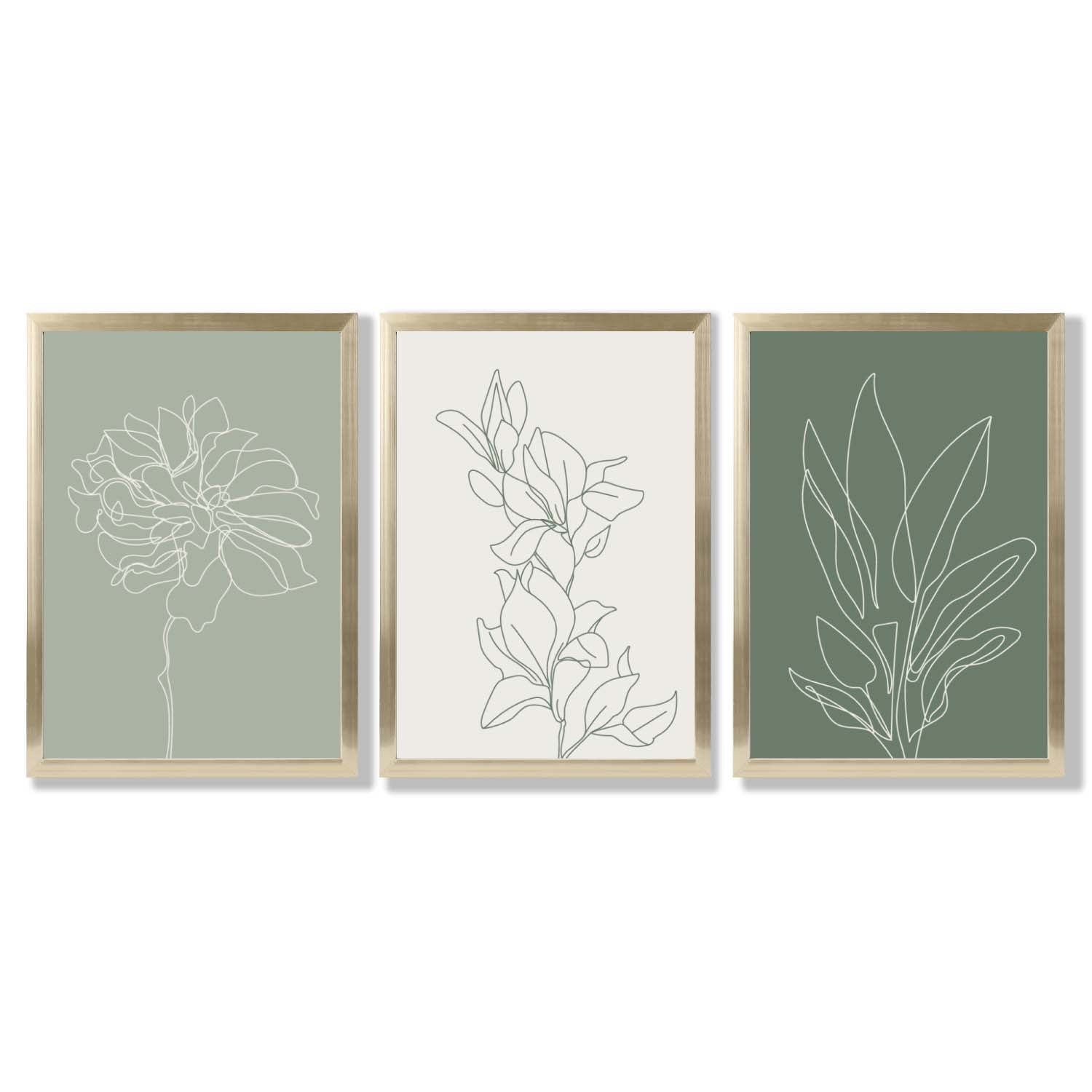 Set of 3 Sketch Flowers in Green Tones Framed Art Prints with Gold Wood Frames