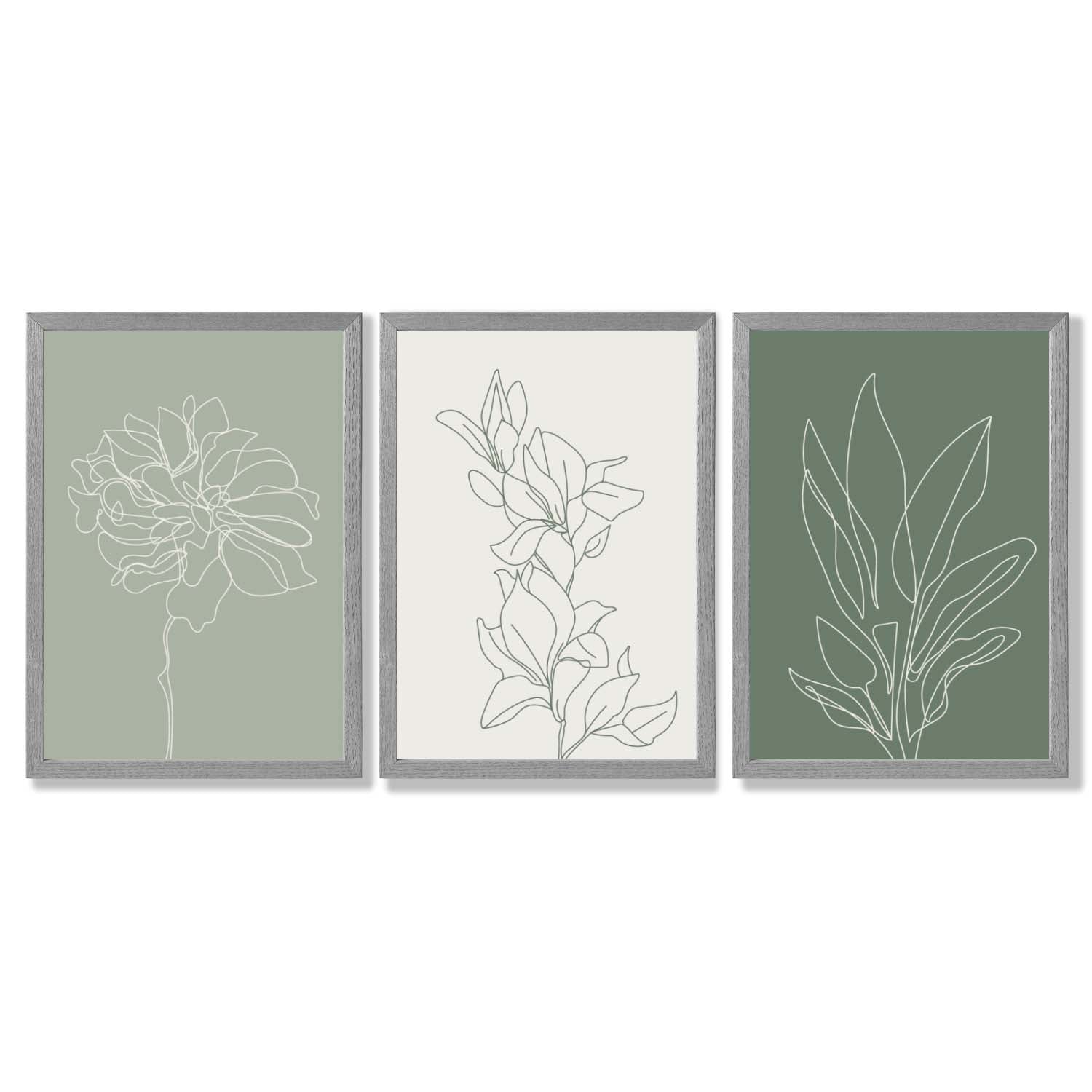 Set of 3 Sketch Flowers in Green Tones Framed Art Prints with Light Grey Wooden Frames