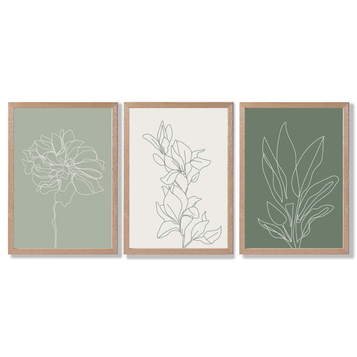 Set of 3 Sketch Flowers in Green Tones Framed Art Prints with Light Oak Frames