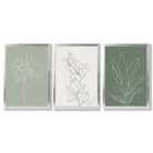 Set of 3 Sketch Flowers in Green Tones Framed Art Prints with Silver Wood Frames