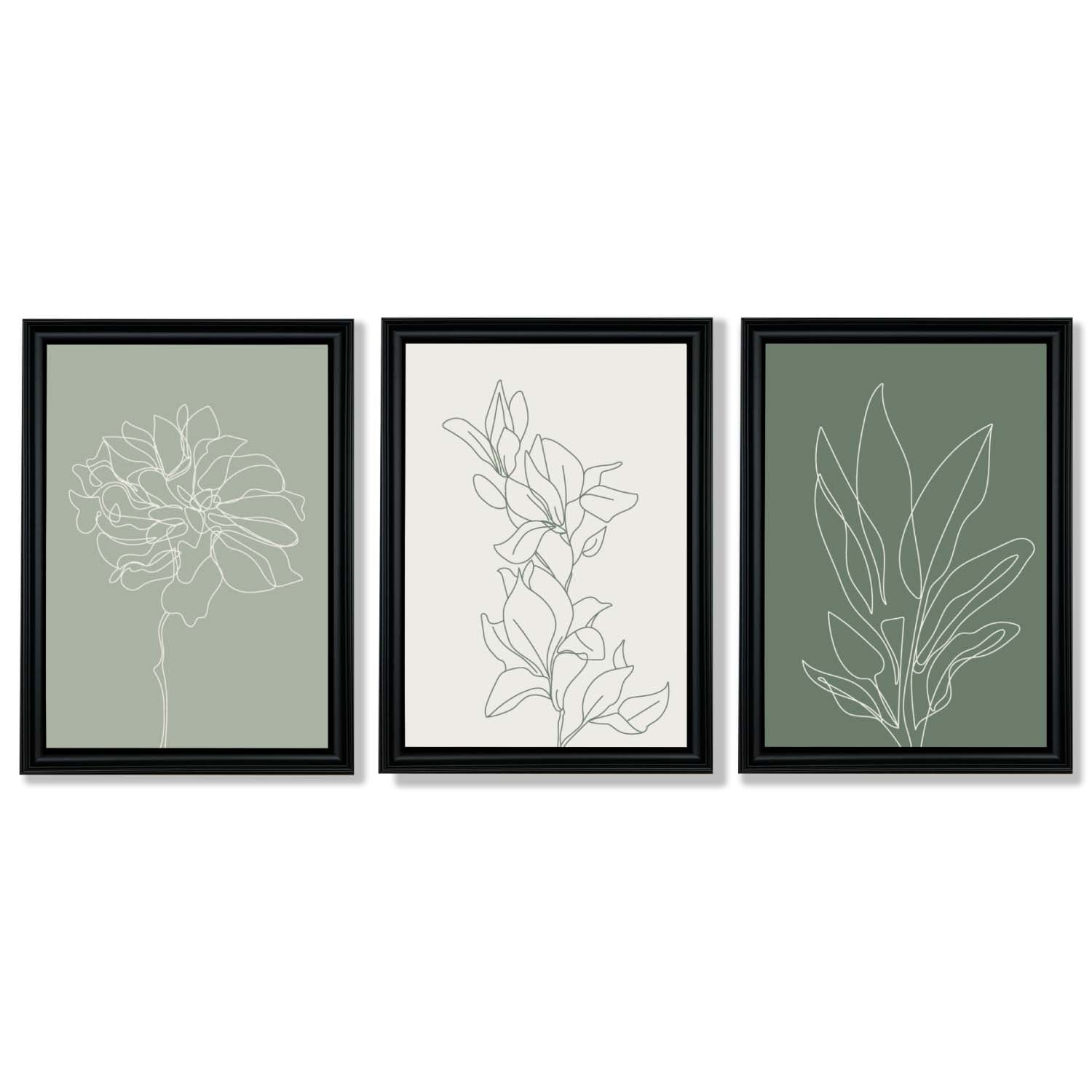 Set of 3 Sketch Flowers in Green Tones Framed Art Prints with Vermeer Black Frames