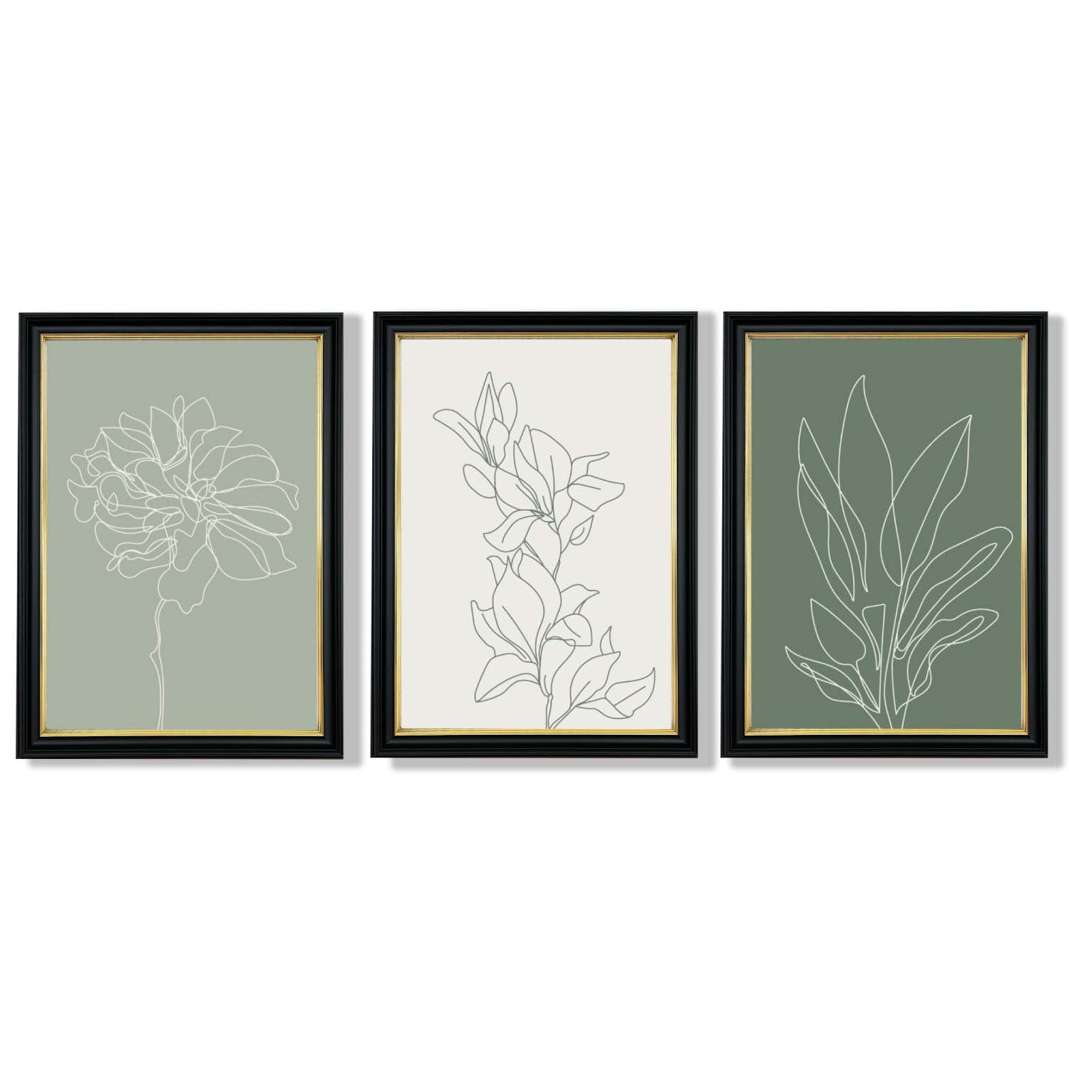 Set of 3 Sketch Flowers in Green Tones Framed Art Prints with Vermeer Black and Gold Frames