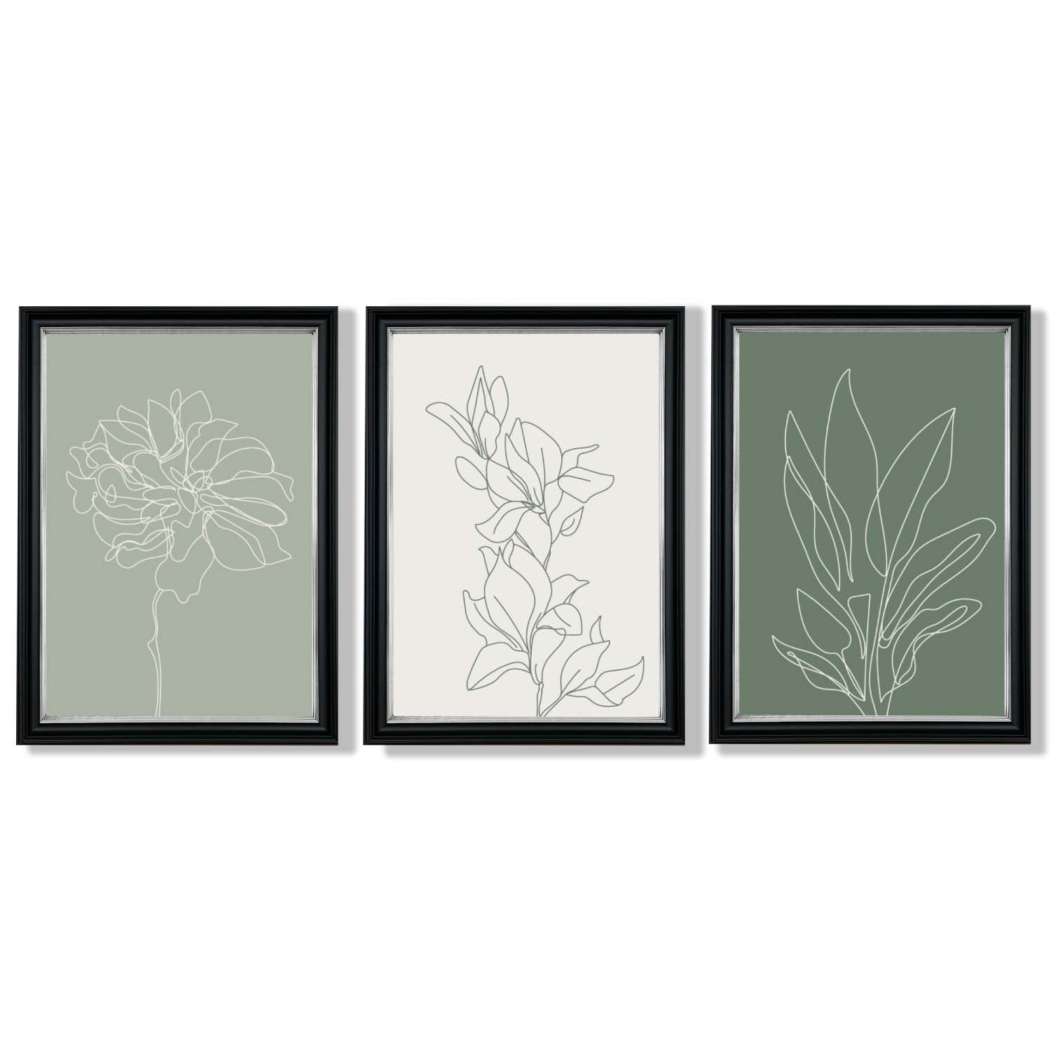 Set of 3 Sketch Flowers in Green Tones Framed Art Prints with Vermeer Black and Silver Frames