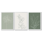 Set of 3 Sketch Flowers in Green Tones Framed Art Prints with White Wooden Frames